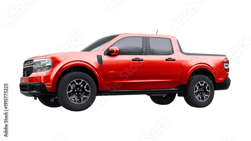 Modern compact red crew cab pickup truck of model year for lifestyle and utility with all wheel drive system versatile light commercial vehicle on white background isolated 3d rendering.