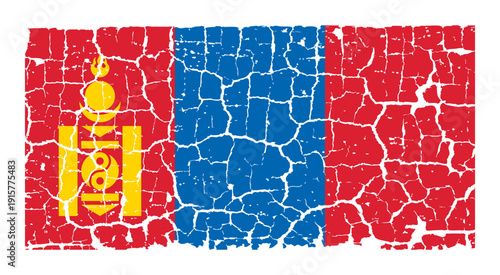 Illustration of the national flag of Mongolia painted on a cracked wall. Grunge distressed style background with official Mongolian red and blue colors with Soyombo symbol.