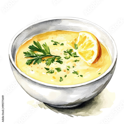 watercolor painting of Avgolemono Soup A Beautifully Detailed, isolated on a white background.