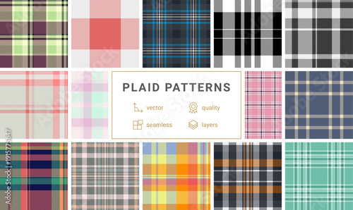 Plaid bundle for coats and overcoats. Classic tartan textures enhance winter outerwear. Vector files maintain alignment.