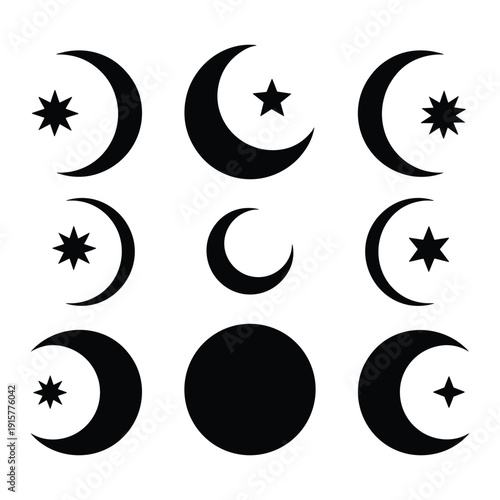 A visual representation of the eight phases of the moon with stars isolated on white background, Vector
