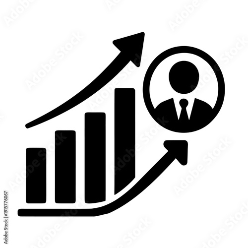 sleek Business success icon portrays a corporate leader in front of a strong growth trajectory and ascending graph. The combination of the professional figure and the rising trend symbolizes effective