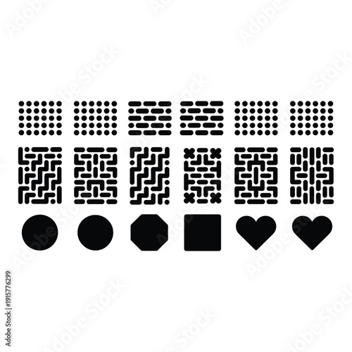 A collection of qr codes and geometric shapes in black and white isolated on white background, Vector