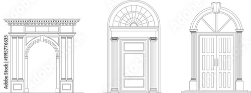 Technical vector drawings for interior design, including kitchen appliances, cutlery sets, dining layouts, and balustrades