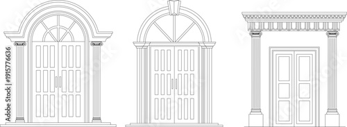 Technical vector drawings for interior design, including kitchen appliances, cutlery sets, dining layouts, and balustrades