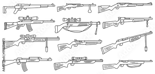 outline vector illustration of various rifles and firearms, clean minimalist style, perfect for design projects, technical diagrams, educational materials, and creative graphic compositions.