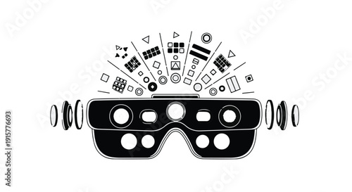 VR Headset with Digital Interface Elements Exploded View Silhouette