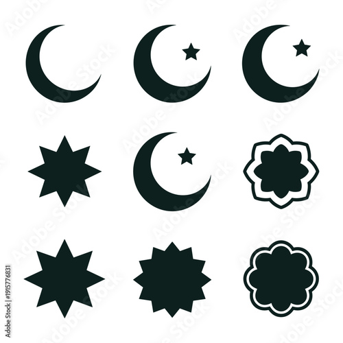 Collection of various crescent moon and star symbols in different styles and designs isolated on white background, Vector