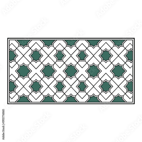 Intricate geometric pattern with green and white elements on a rectangular background isolated on white background, Vector