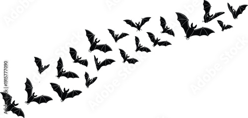 Flying Bat Silhouettes Set in Various Wing Positions Isolated on White Background, Halloween Wildlife Vector Collection for Spooky Night Design