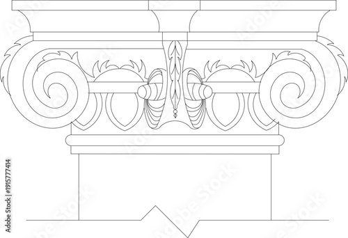 Classical Ionic pillar capital profile featuring elegant volute scrolls and decorative molding in front elevation view.