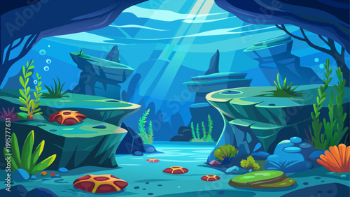 Cartoon vector illustration of underwater cave walls fading into deep blue water creating quiet minimal flat ocean environment