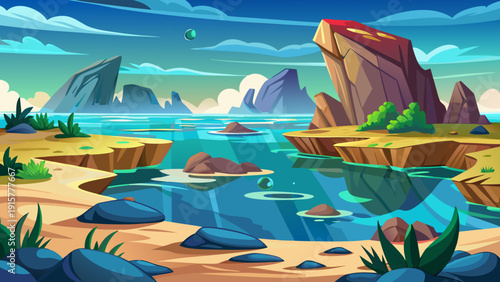 Minimal cartoon vector of underwater rock landscape with wide open space smooth surfaces and flat clean deep ocean style