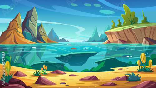 Minimal cartoon vector of underwater rock landscape with wide open space smooth surfaces and flat clean deep ocean style
