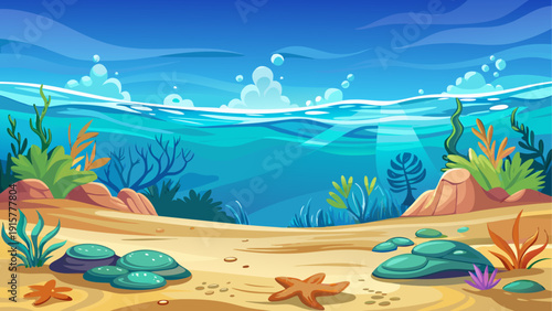 Cartoon vector illustration of a calm underwater scene with clear blue water smooth sandy floor soft color gradients and clean minimal ocean background