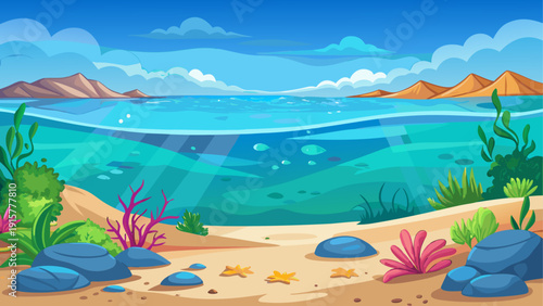 Cartoon vector illustration of a calm underwater scene with clear blue water smooth sandy floor soft color gradients and clean minimal ocean background