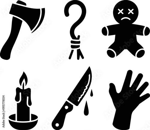 set of horror-themed props in stark black silhouette on a white background, including spooky objects and creepy elements for graphic design, illustration, and Halloween projects.