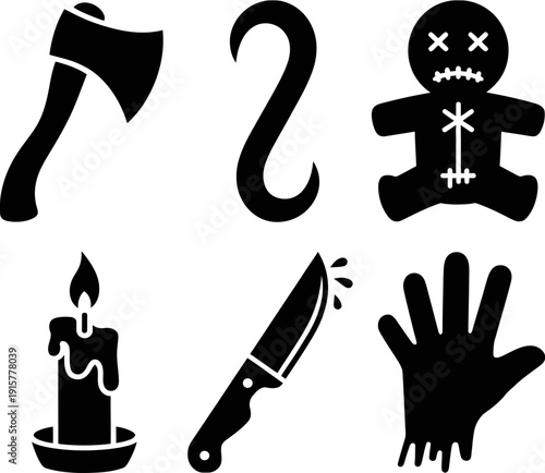 set of horror-themed props in stark black silhouette on a white background, including spooky objects and creepy elements for graphic design, illustration, and Halloween projects.