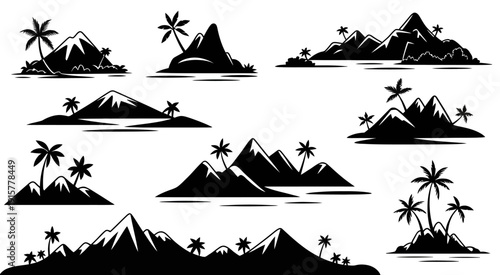 tropical island silhouettes with palm trees and mountains, exotic landscape vector collection for travel design, tourism projects, and vacation-themed graphic illustrations.