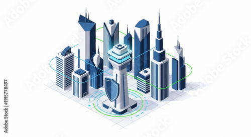 Isometric cityscape with futuristic skyscrapers and modern architecture.