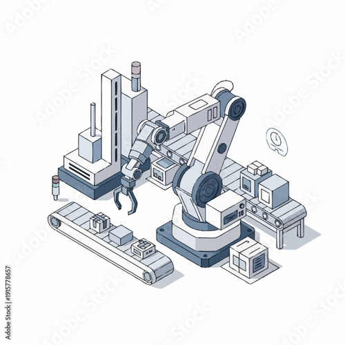 Industrial robotic arm machinery in a modern factory setting.