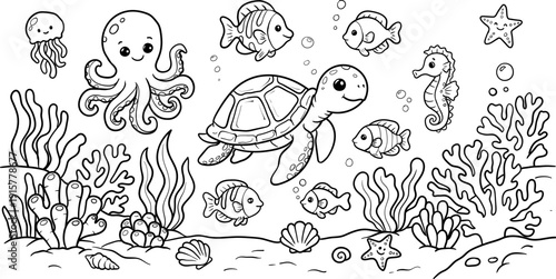 Cute Underwater Sea Animals Coloring Page