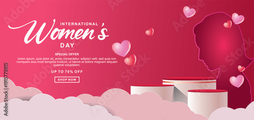 Realistic red 3D cylindrical podium with 8 march shaped background for women's day banner. Women's day minimal scene for products showcase, Promotional display. Vector ilustration