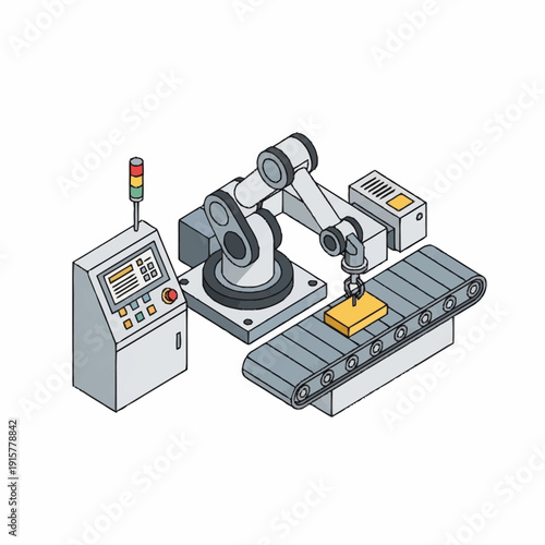 Industrial robotic arm on conveyor belt with control panel.