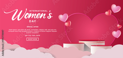 Realistic red 3D cylindrical podium with 8 march shaped background for women's day banner. Women's day minimal scene for products showcase, Promotional display. Vector ilustration