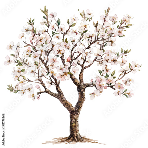 watercolor of Almond Tree A Beautifully Detailed illustration graphic, isolated on a white background.