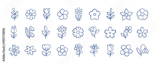 Hand-drawn ink doodles of spring and summer flowers