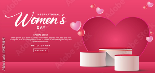 Realistic red 3D cylindrical podium with 8 march shaped background for women's day banner. Women's day minimal scene for products showcase, Promotional display. Vector ilustration