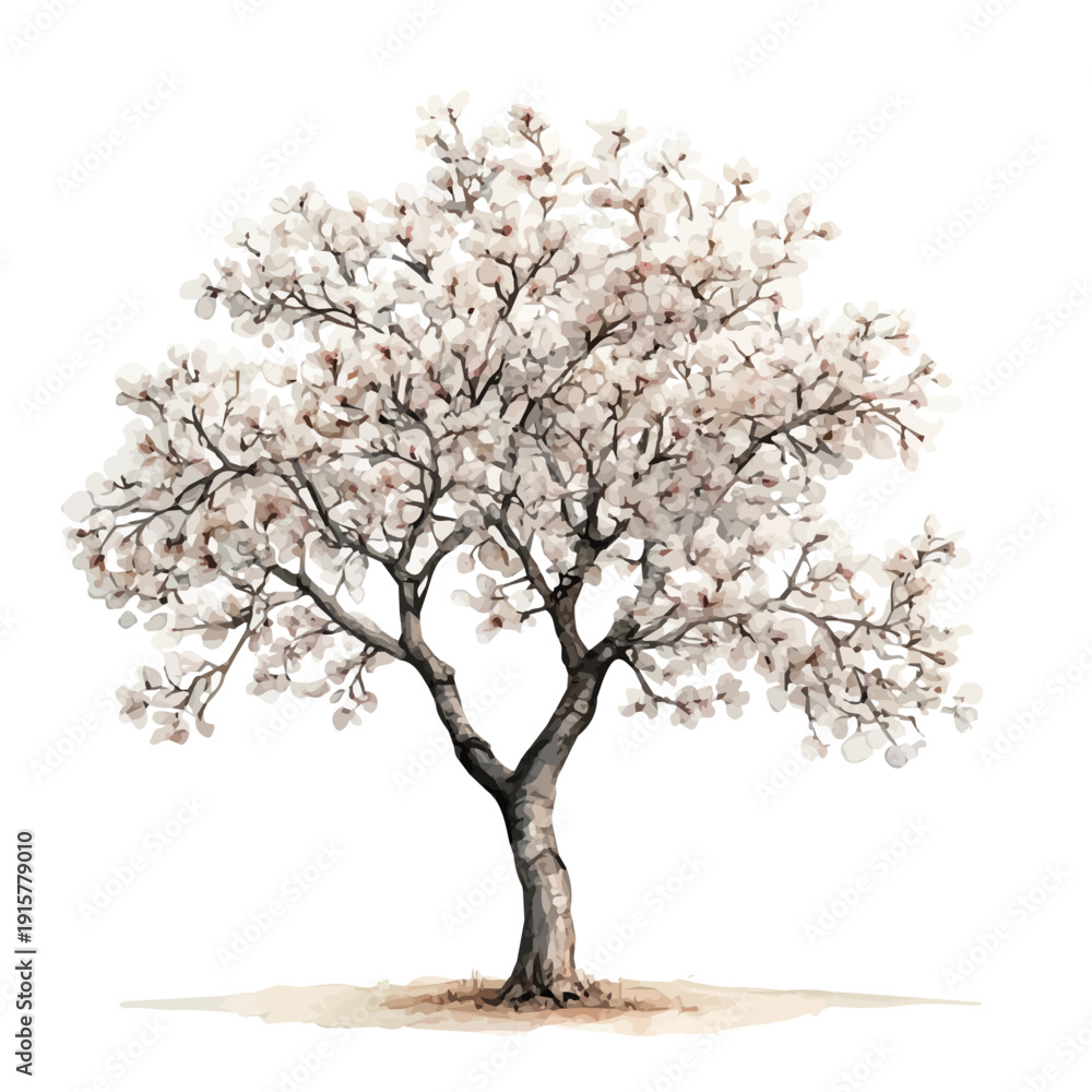 Naklejka premium Almond Tree A Beautifully Detailed, watercolor painting capturing graceful lines and soft blended shades, isolated on a white background.