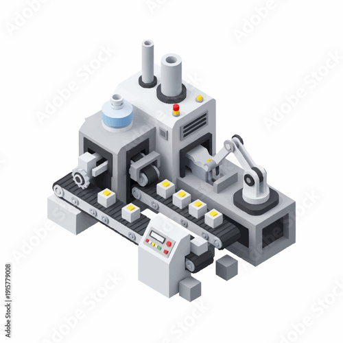 Industrial robotic assembly line with conveyor belt and machinery.