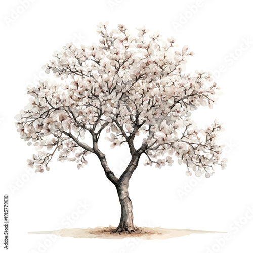 Almond Tree A Beautifully Detailed, watercolor painting capturing graceful lines and soft blended shades, isolated on a white background.