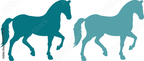 Two stylized teal equestrian silhouettes of majestic horses captured in dynamic poses, representing equine art and design.
