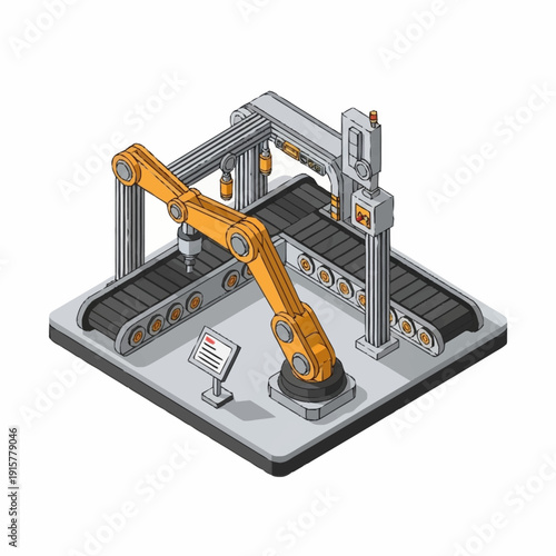 Industrial robotic arm assembly line in a factory setting.