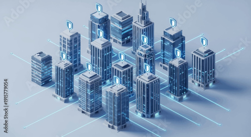 3D rendering of futuristic cityscape with sleek skyscrapers and neon lights.