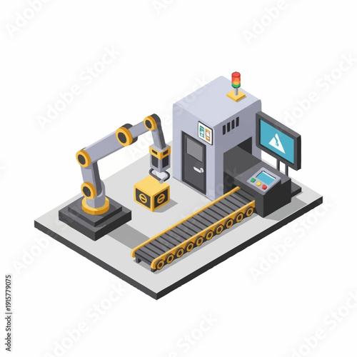 Industrial Automation Factory with Robotic Arms and Conveyor Belt.