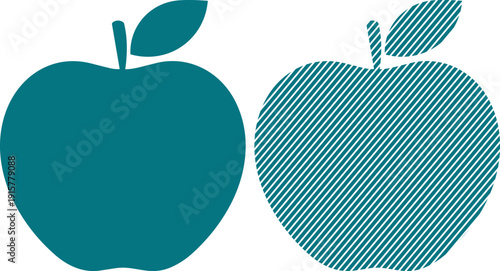 Two contrasting teal apple icons displayed side-by-side featuring a solid silhouette and a diagonal line pattern design element.