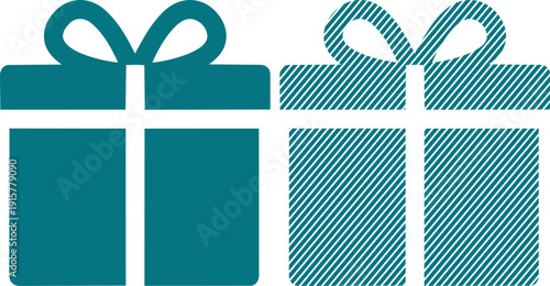 Two distinct teal colored gift box icons, one solid fill and one with diagonal stripe pattern, represent celebration and giving concepts.