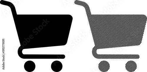Two distinct shopping cart icons are displayed side-by-side, featuring a solid black silhouette and a contrasting diagonal line pattern design element.