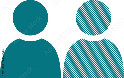 Minimalist graphic icons representing two distinct user profiles featuring one solid teal figure and one teal hatched pattern profile silhouette.