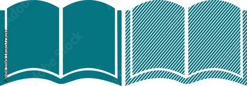 Two distinct teal-colored open book icons are displayed side-by-side, one solid and one filled with diagonal stripes for design contrast