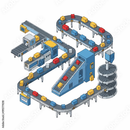 Industrial production line with conveyor belts and machinery.