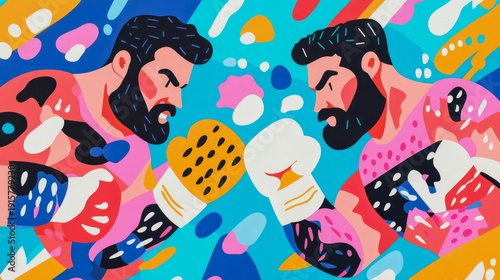 Vibrant Pop Art Boxing Confrontation: Dynamic Illustration of Two Stylized Bearded Men in Colorful Gloves Ready for Fight