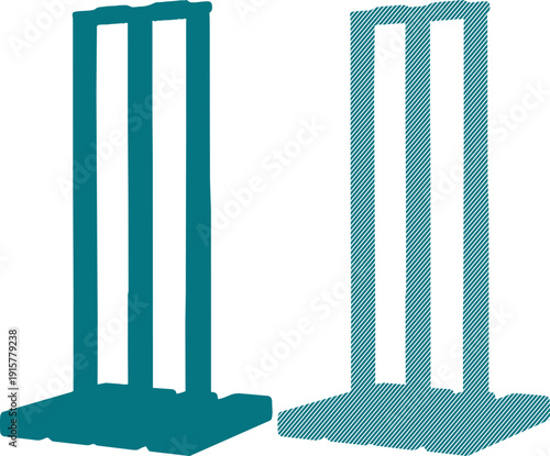 Two distinct graphic representations of cricket stumps, one solid teal and the other diagonally striped teal, symbolizing sports equipment icons.