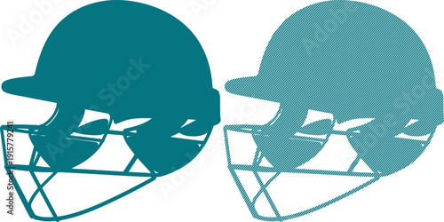 Iconic teal cricket batting helmets displayed side-by-side featuring a solid silhouette next to a stylized diagonal line texture graphic for sport media.