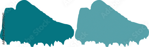 Two stylized illustrations featuring a teal-colored athletic shoe silhouette, one solid filled and one diagonally hatched for graphic design contrast.