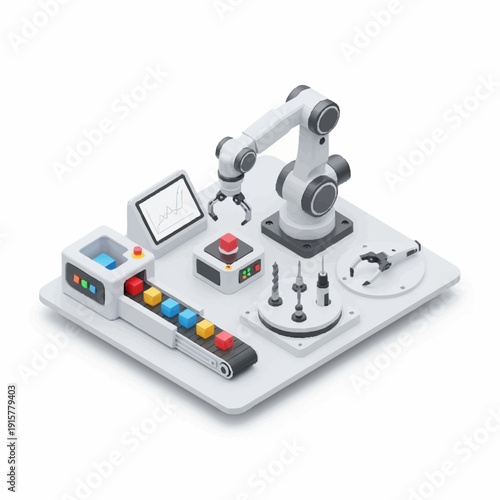 Industrial robotic arm assembly line with control panel and workstation.